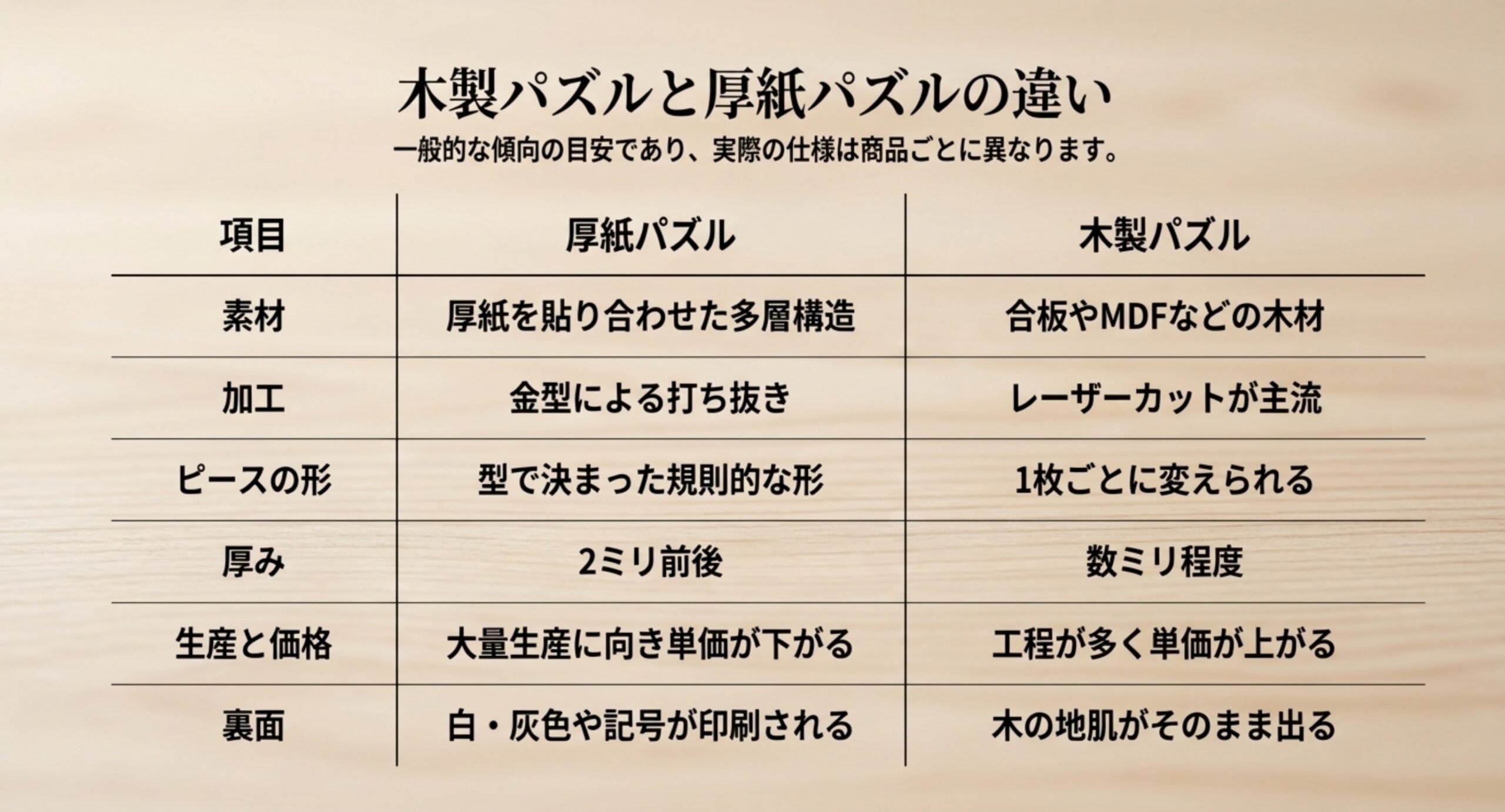 素材・加工・ピースの形・厚み・生産と価格・裏面の6項目を木製と厚紙で並べた比較表のスライド