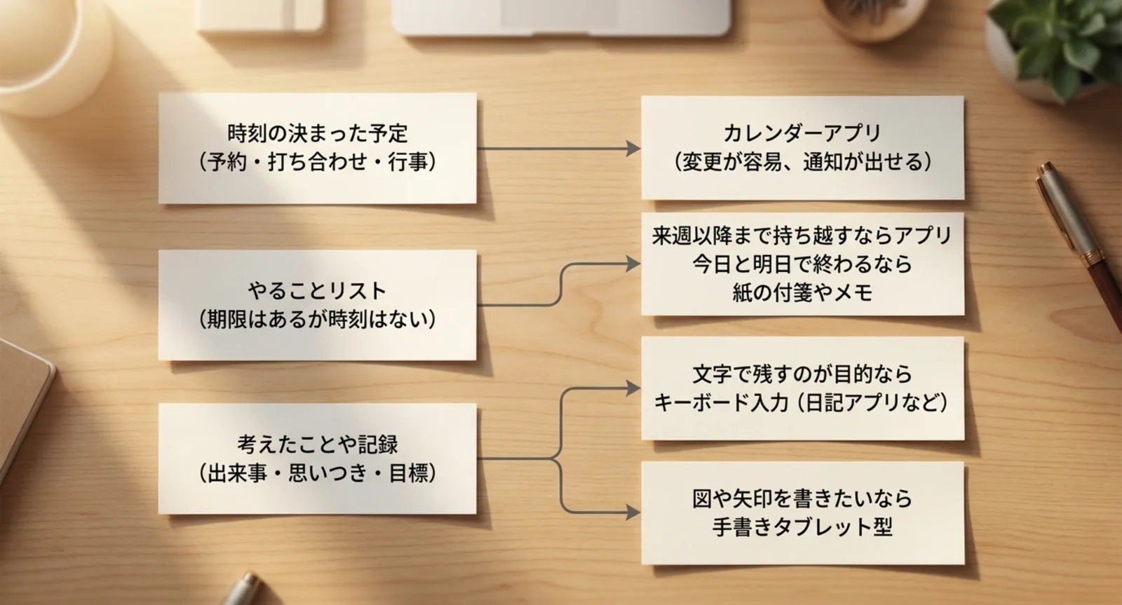 時刻の決まった予定・やることリスト・考えたことや記録の3種類を、カレンダーアプリと紙のどちらに置くか矢印で振り分けた図のスライド