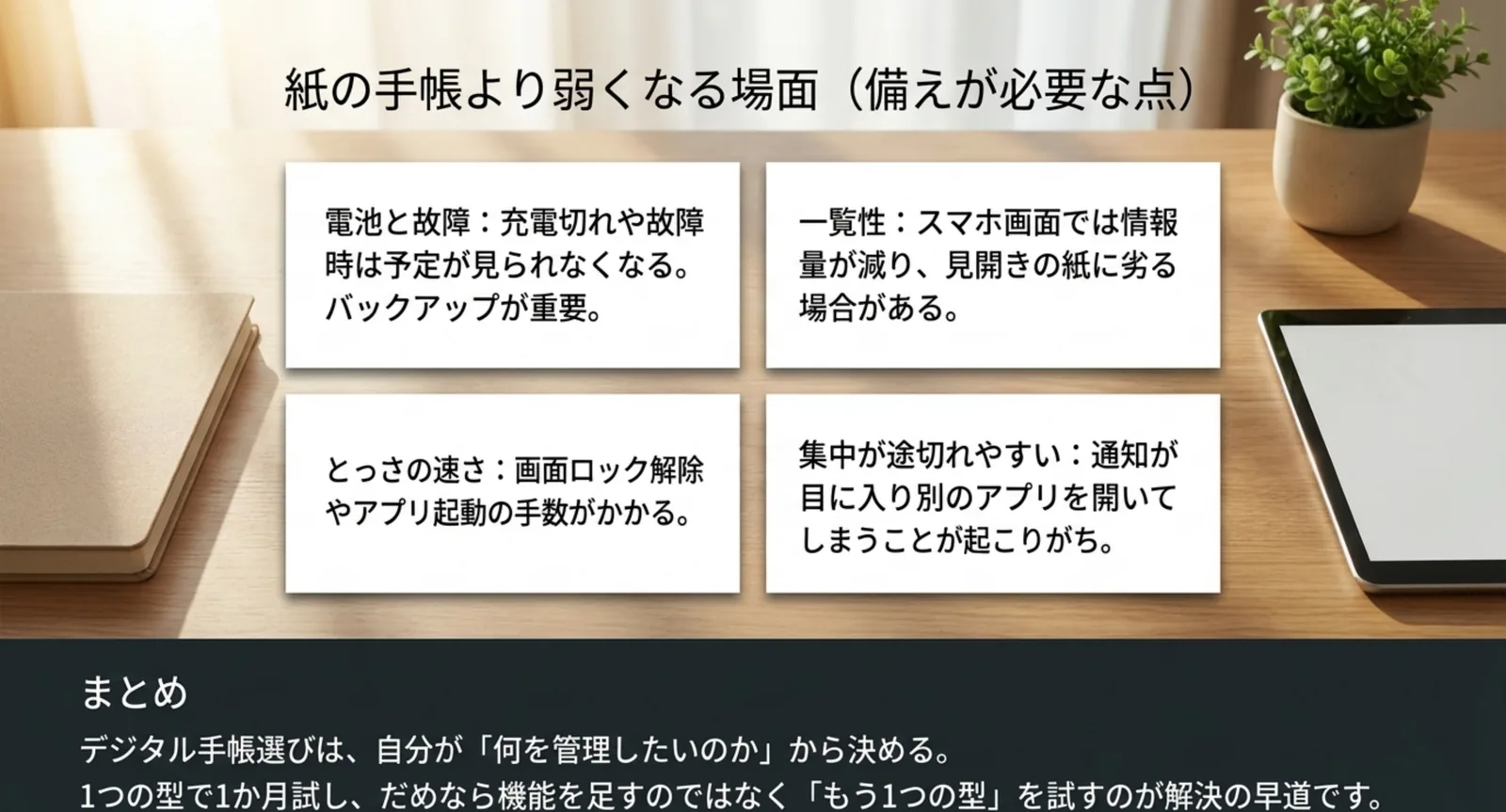 電池と故障・一覧性・とっさの速さ・集中が途切れやすいという4つの弱点を並べたスライド