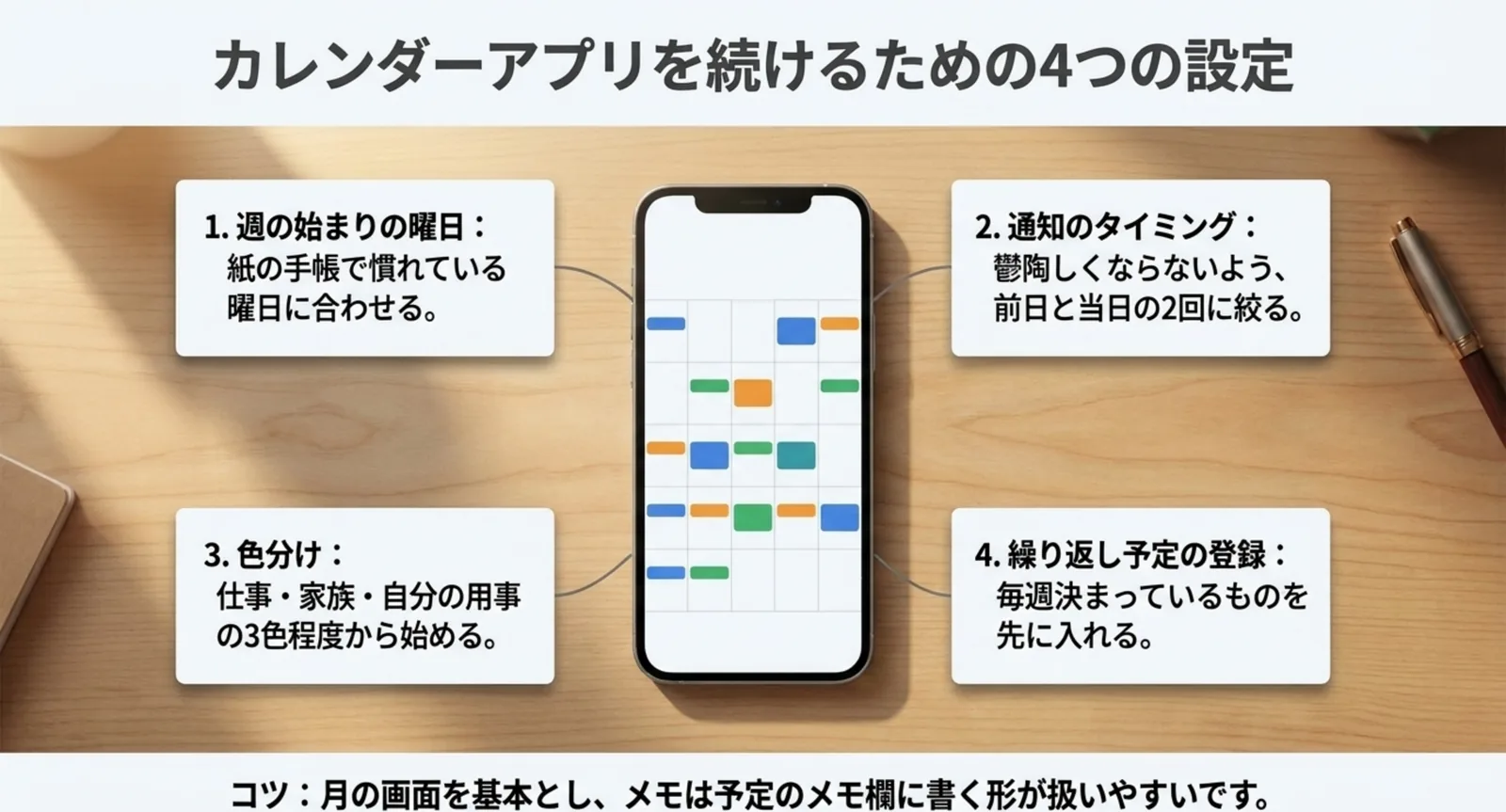 週の始まりの曜日・通知のタイミング・色分け・繰り返し予定の登録という4つの設定をスマートフォンの画面の周りに配置したスライド