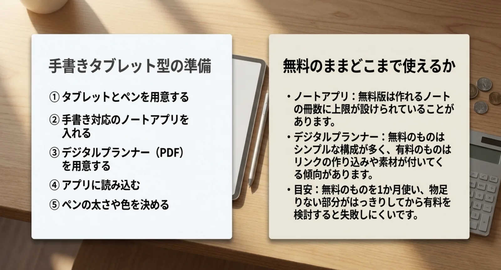 タブレットとペンの用意からペンの設定までの5手順と、ノートアプリやデジタルプランナーが無料でどこまで使えるかをまとめたスライド