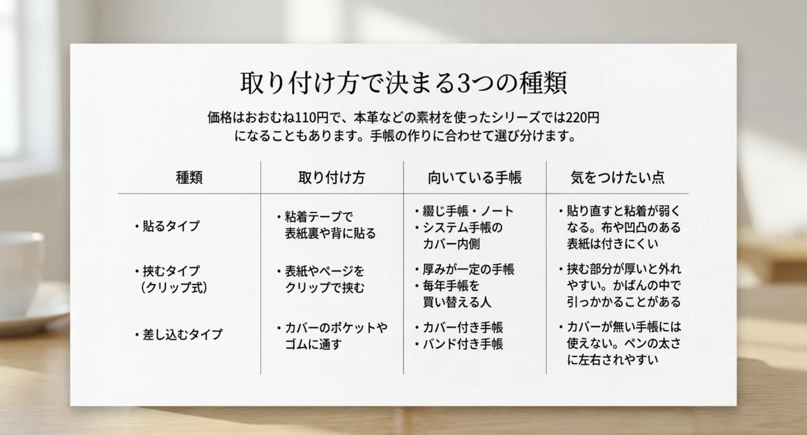 貼るタイプ・挟むタイプ・差し込むタイプの取り付け方と向いている手帳、気をつけたい点を並べた比較表のスライド