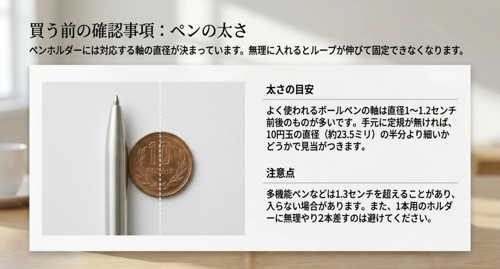 ボールペンと10円玉を並べて軸の直径の目安を示し、多機能ペンは1.3センチを超えることがあると注意を添えたスライド