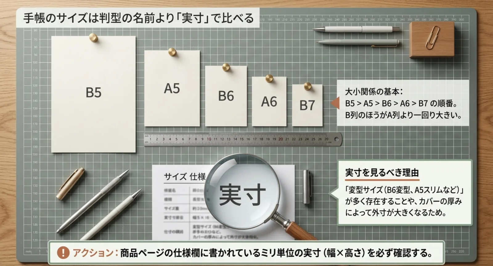 B5・A5・B6・A6・B7の大きさを並べ、判型の名前ではなく実寸のミリで比べる理由を示したスライド