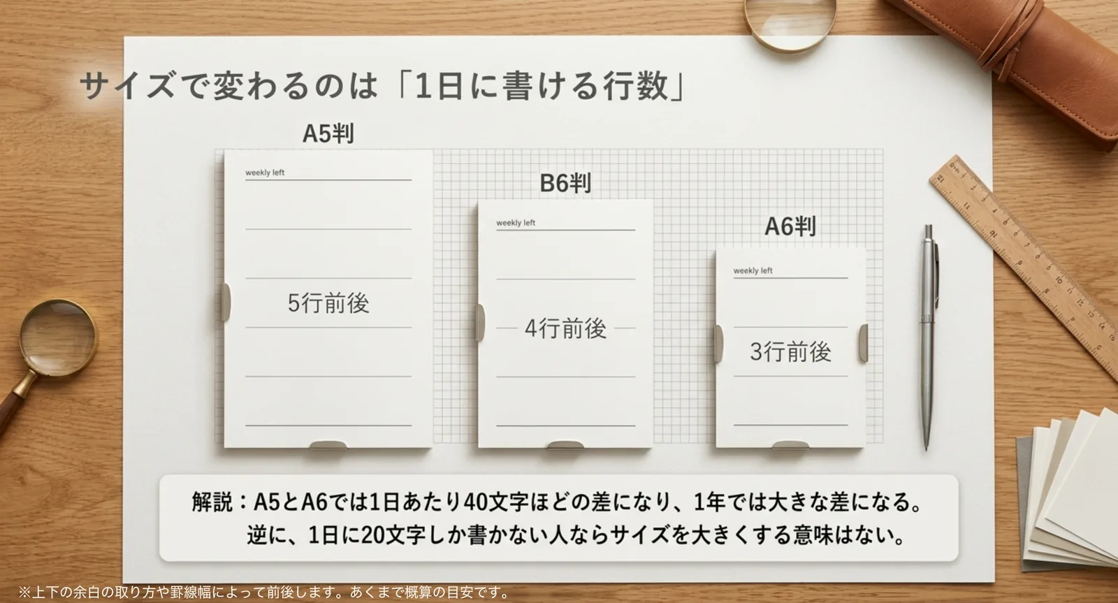 A5判は5行前後、B6判は4行前後、A6判は3行前後という1日あたりの行数の目安を比べたスライド