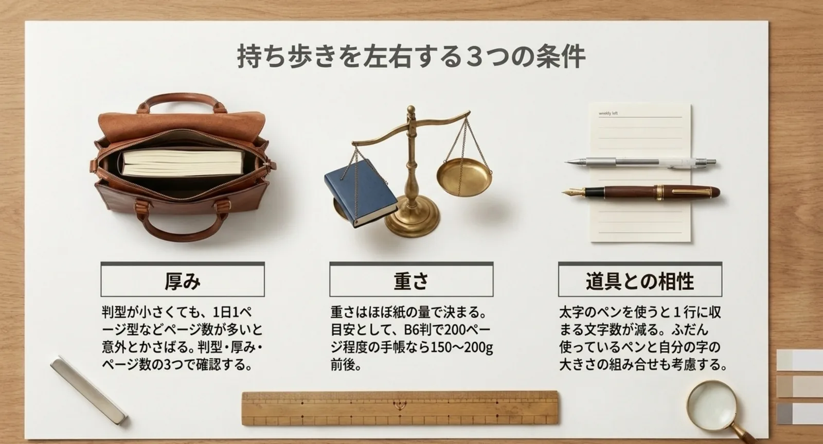 厚み・重さ・道具との相性という持ち歩きを左右する3つの条件を並べたスライド