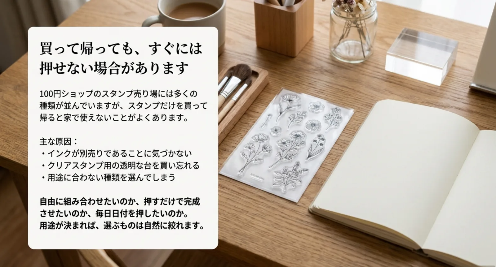 インクが別売りであること、クリアスタンプ用の透明な台を買い忘れることなど、家で押せなくなる原因を挙げたスライド