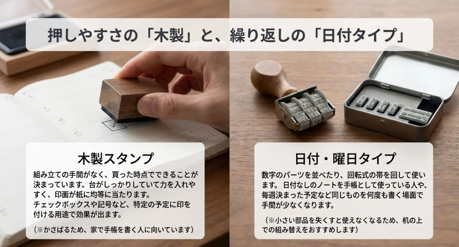 手帳に押す木製スタンプと、数字パーツや回転式の帯を使う日付・曜日タイプを左右に並べて比較したスライド
