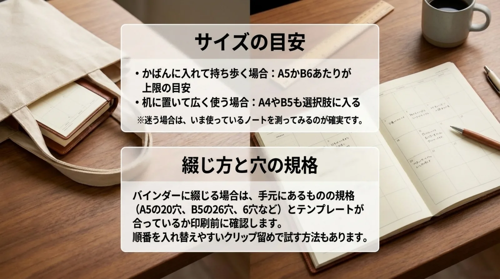持ち歩く場合と机に置く場合のサイズの目安と、バインダーの穴の規格を確認する手順を整理したスライド