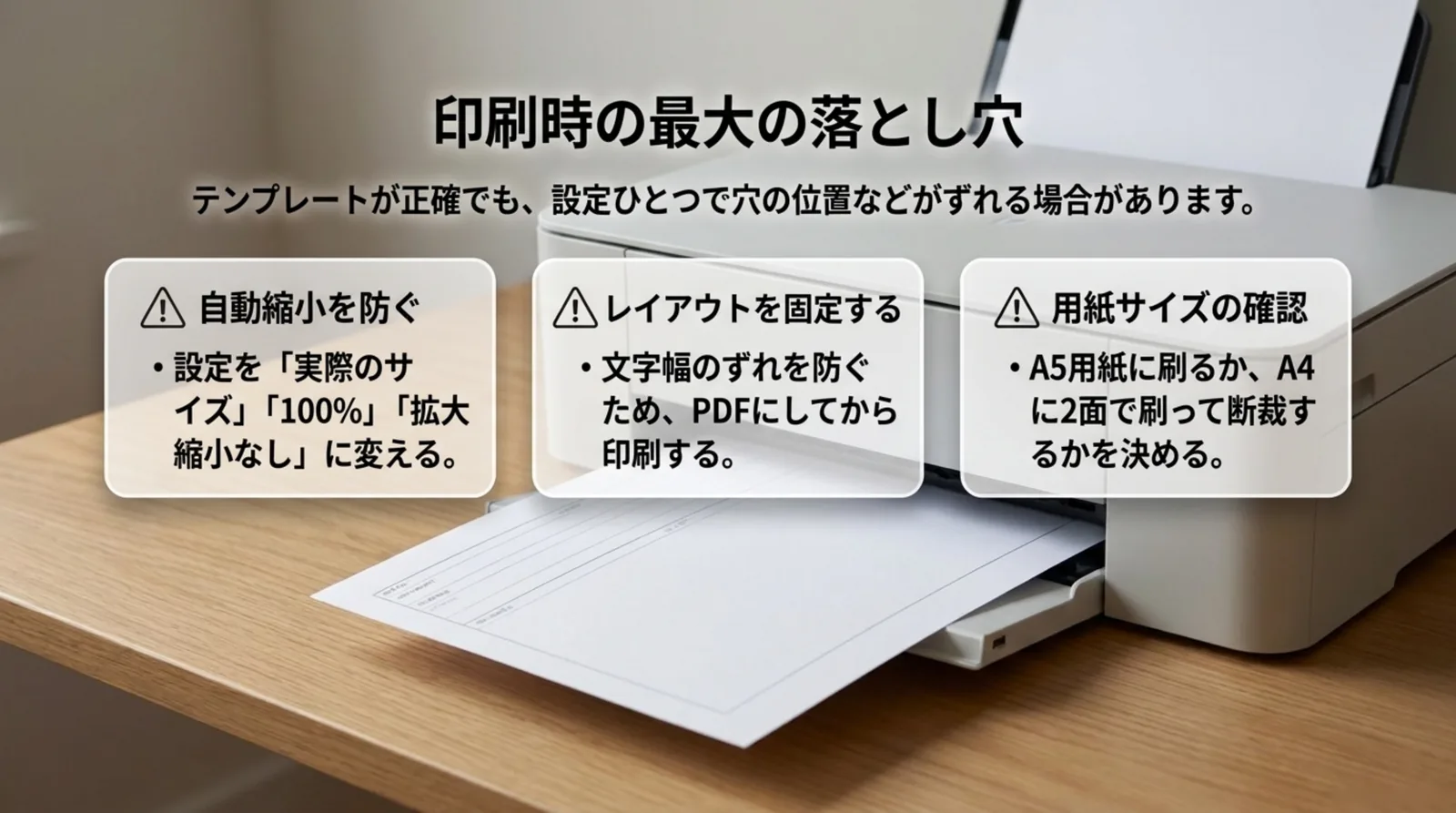 自動縮小を防ぐ・レイアウトを固定する・用紙サイズを確認するという3つの印刷設定を並べたスライド