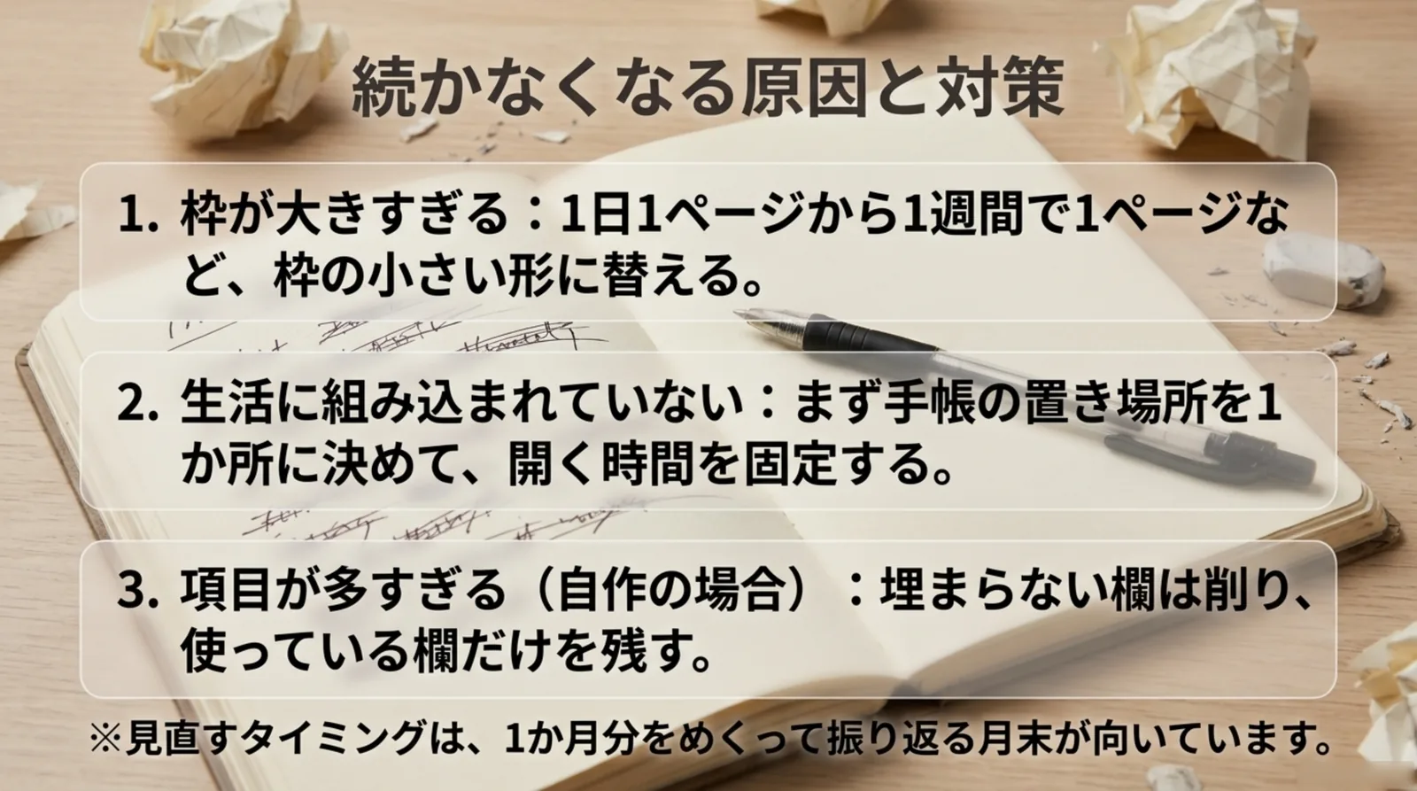 枠が大きすぎる・生活に組み込まれていない・項目が多すぎるという3つの原因と、それぞれの対策を並べたスライド