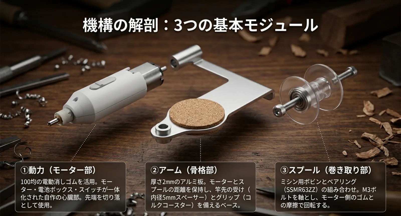 電動消しゴムの動力部、アルミ板のアーム、ボビンとベアリングのスプールに分解した構造図