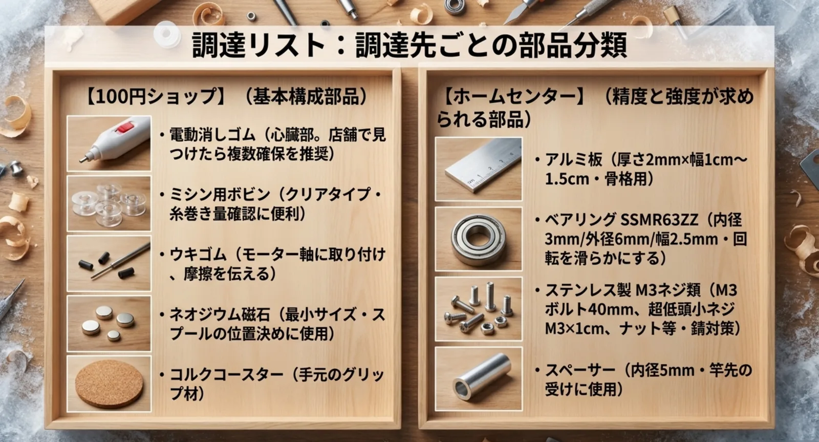 100円ショップで買う電動消しゴムやボビンと、ホームセンターで買うアルミ板やベアリングを分類した一覧