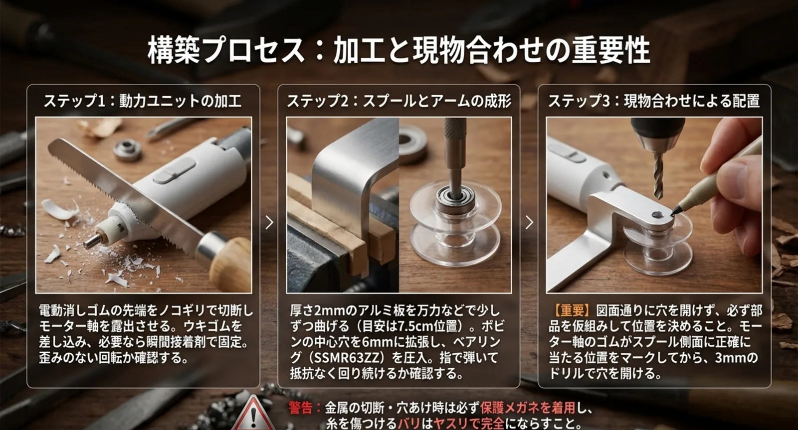 電動消しゴムの切断、アルミ板の曲げとベアリング圧入、現物合わせで穴位置を決める3ステップの図