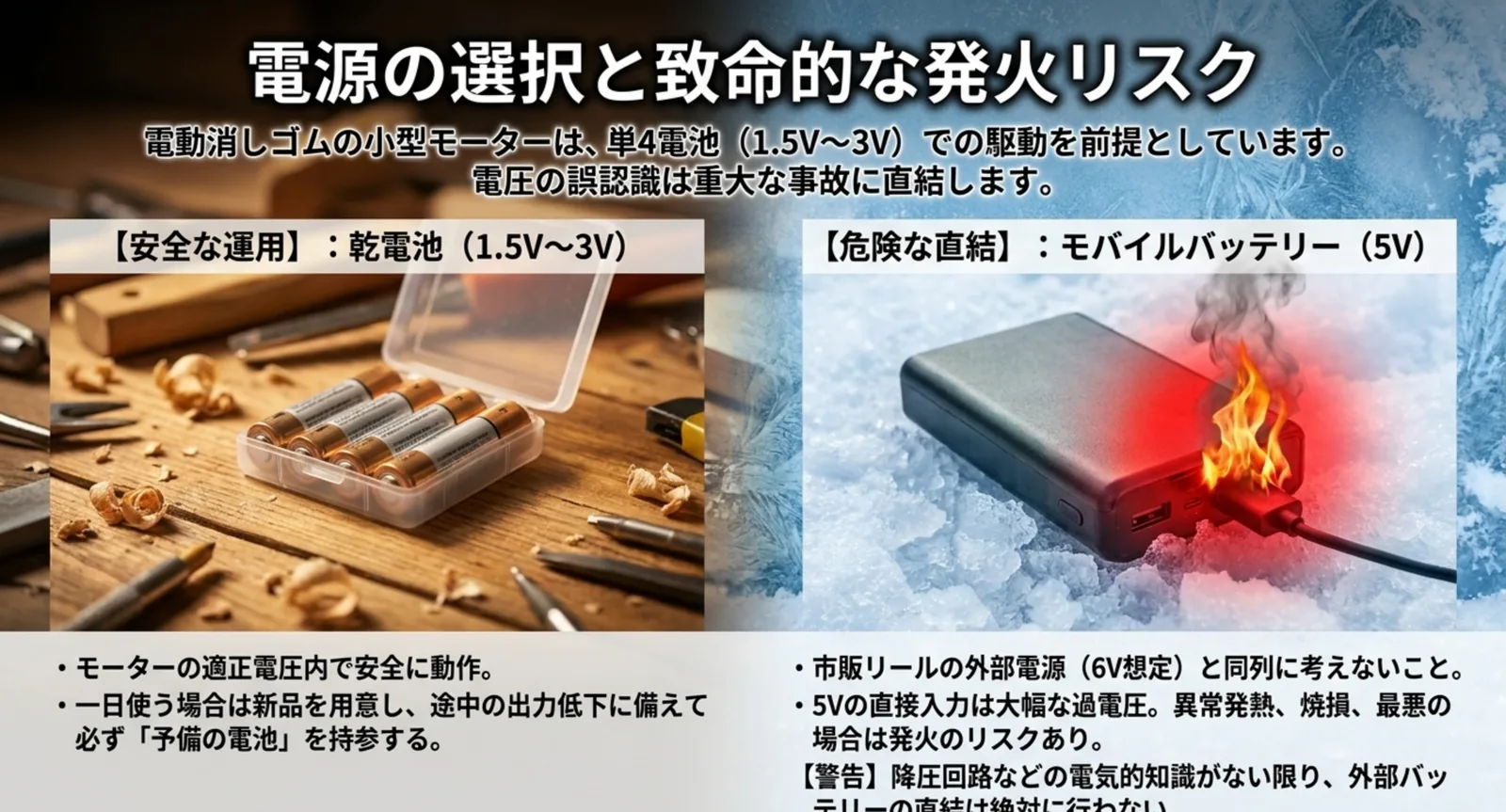 1.5Vから3Vの乾電池での安全な運用と、5Vのモバイルバッテリーを直結した場合の発火リスクを対比した図