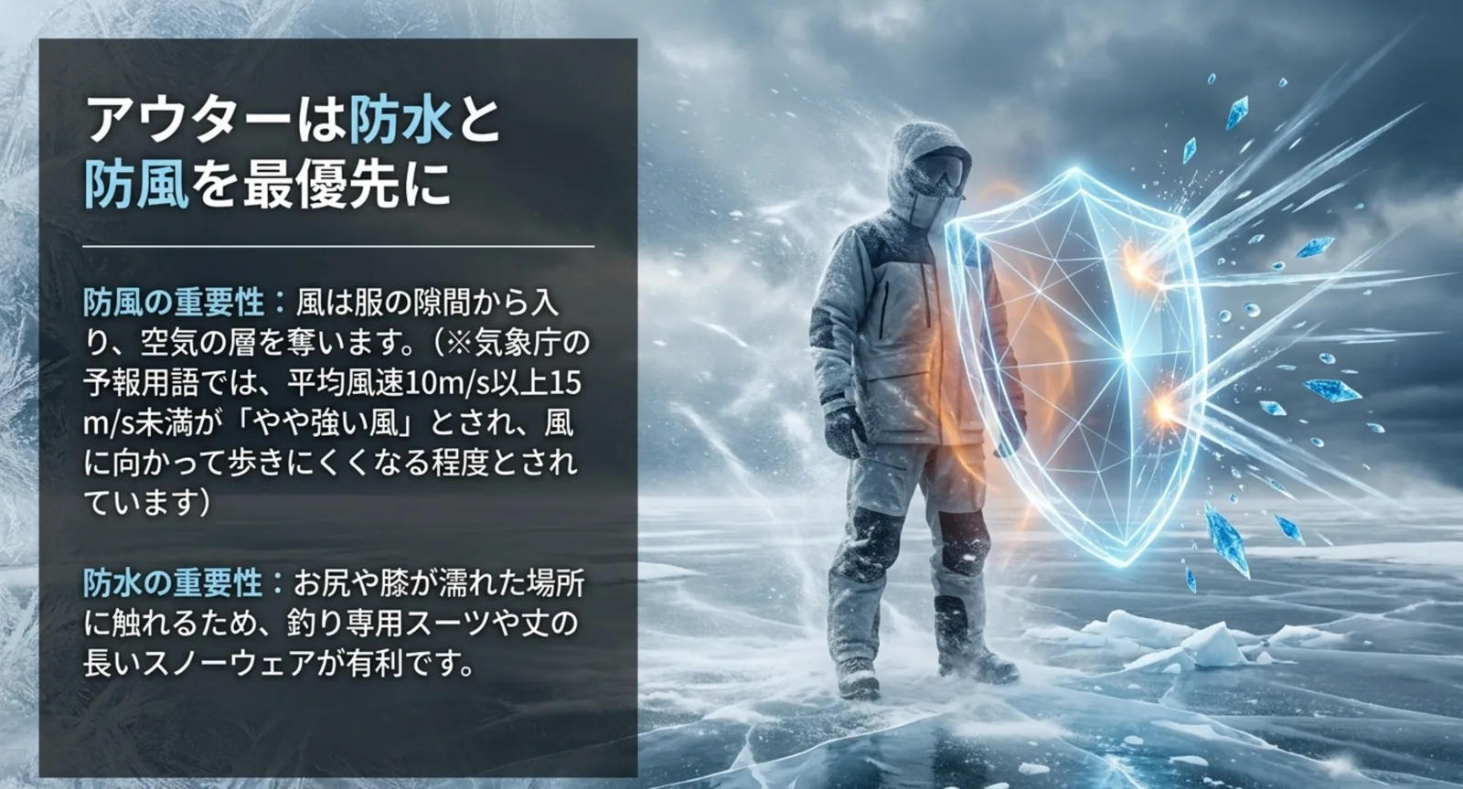 吹雪の中で防寒ウェアが風と水を遮る様子と、気象庁の風速区分を添えた解説図