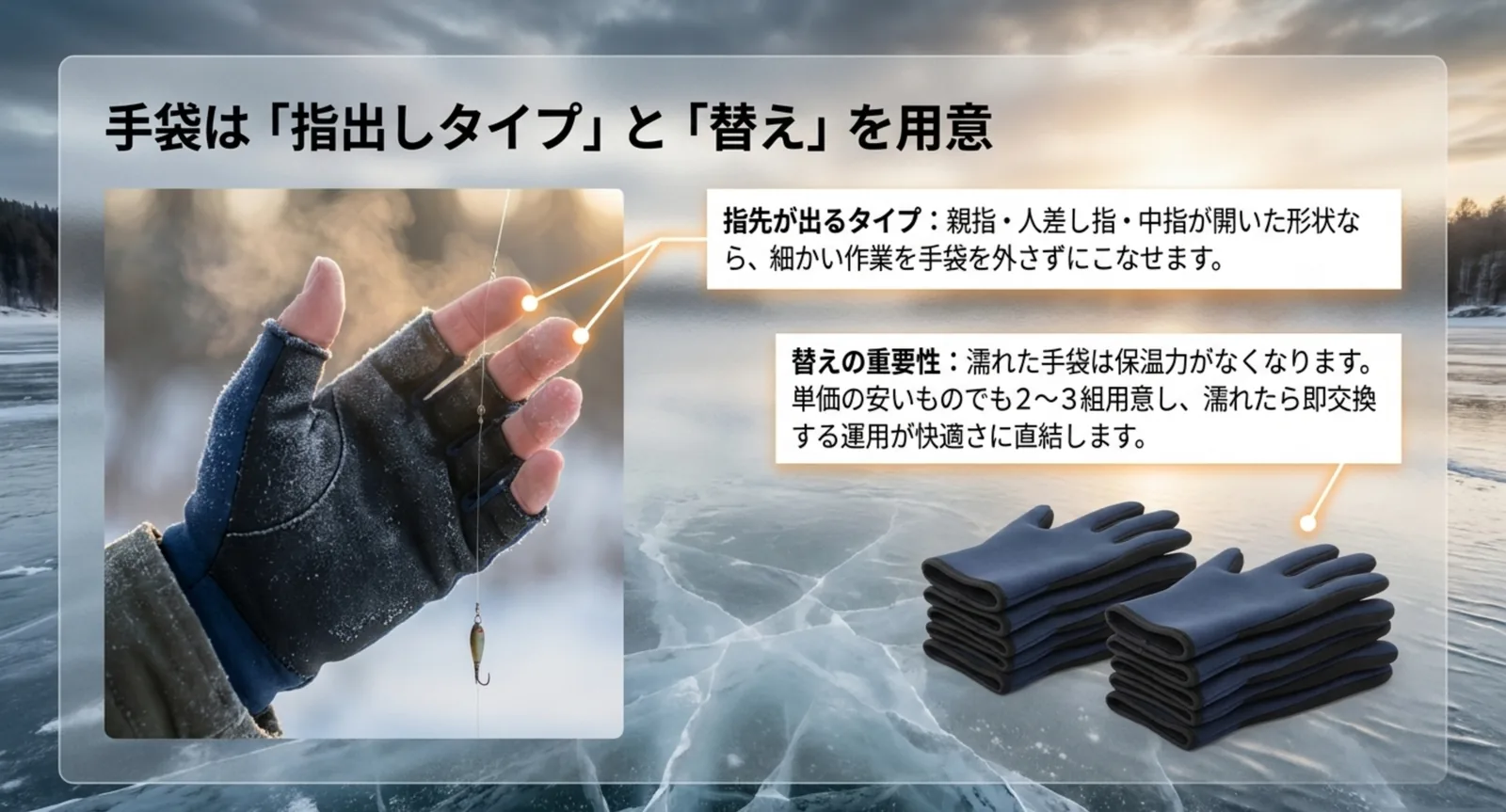 親指と人差し指と中指の先が開いた釣り用手袋と、折りたたんだ替えの手袋