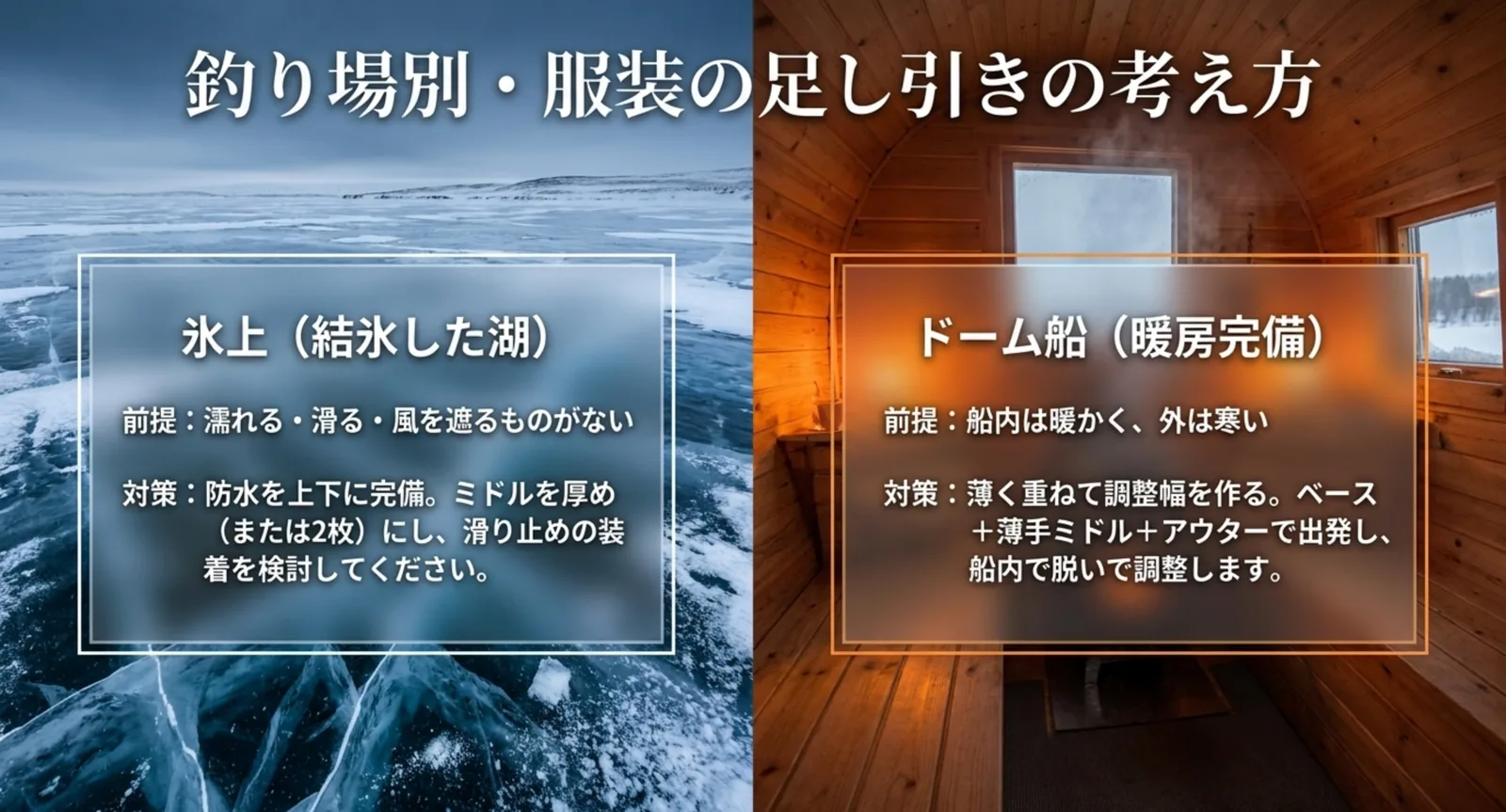 結氷した湖の氷上と暖房の効いたドーム船内を並べて、それぞれの前提と対策を比べた図