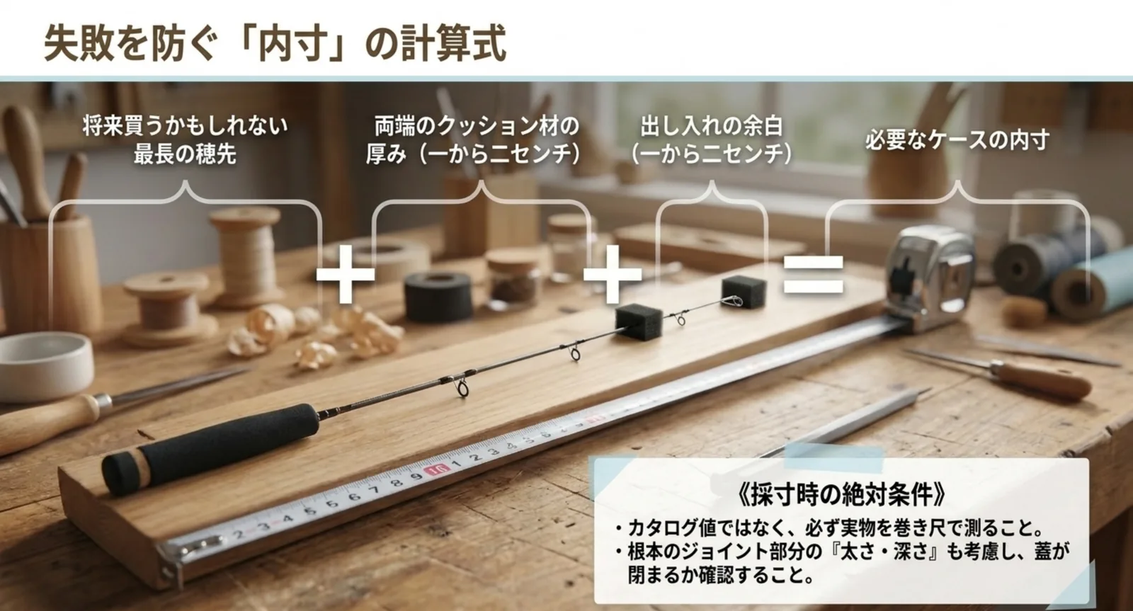 最長の穂先にクッション材の厚みと出し入れの余白を足して必要な内寸を求める図