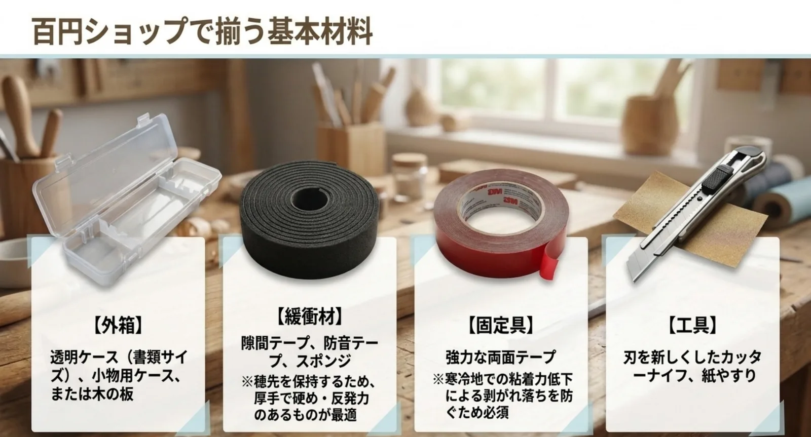 外箱になるクリアケース、緩衝材の防音テープ、強力両面テープ、カッターと紙やすりを並べた材料一覧