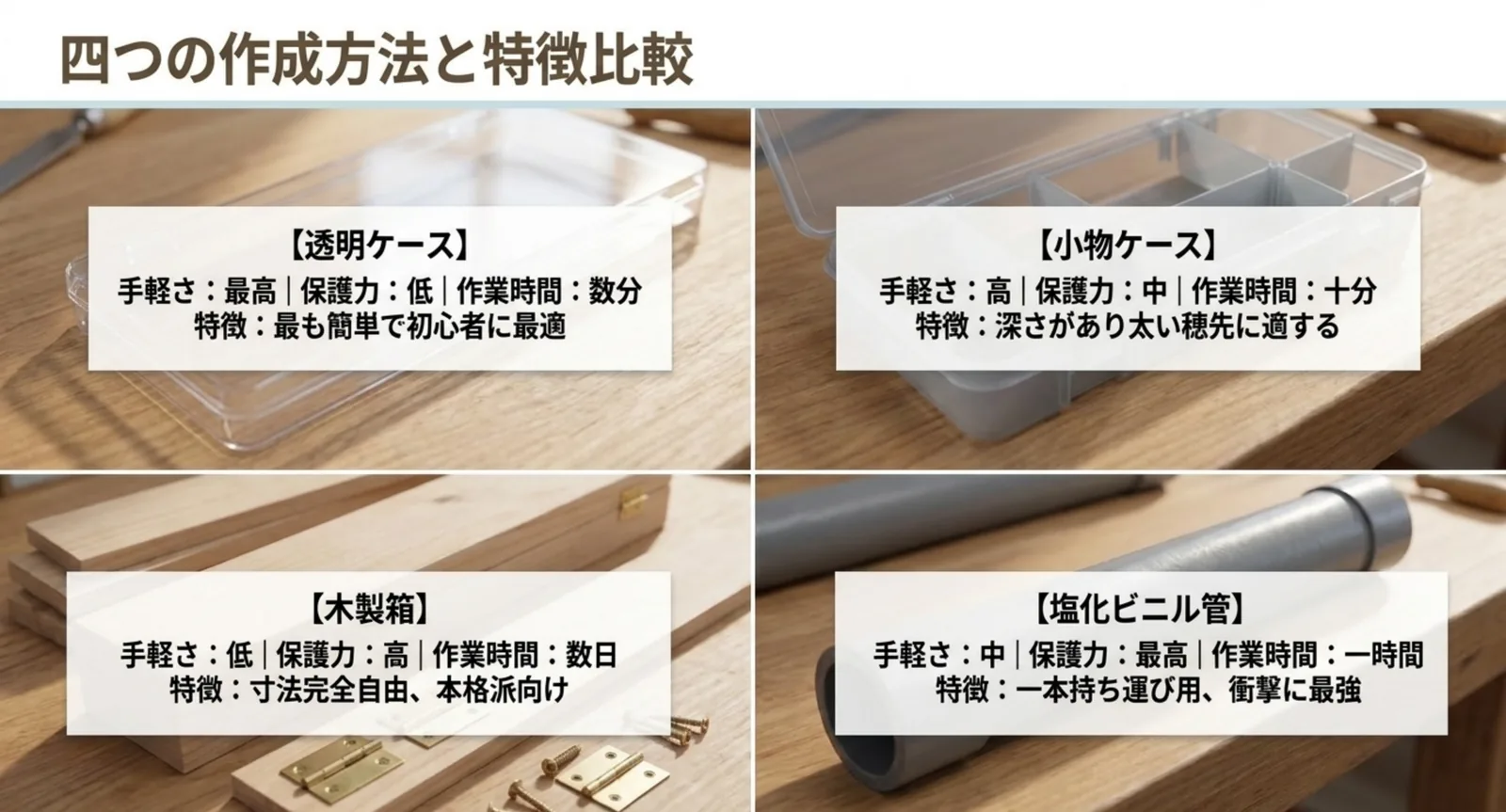 クリアケース、小物ケース、木製箱、塩ビパイプの4タイプを手軽さ・保護力・作業時間で比べた比較図