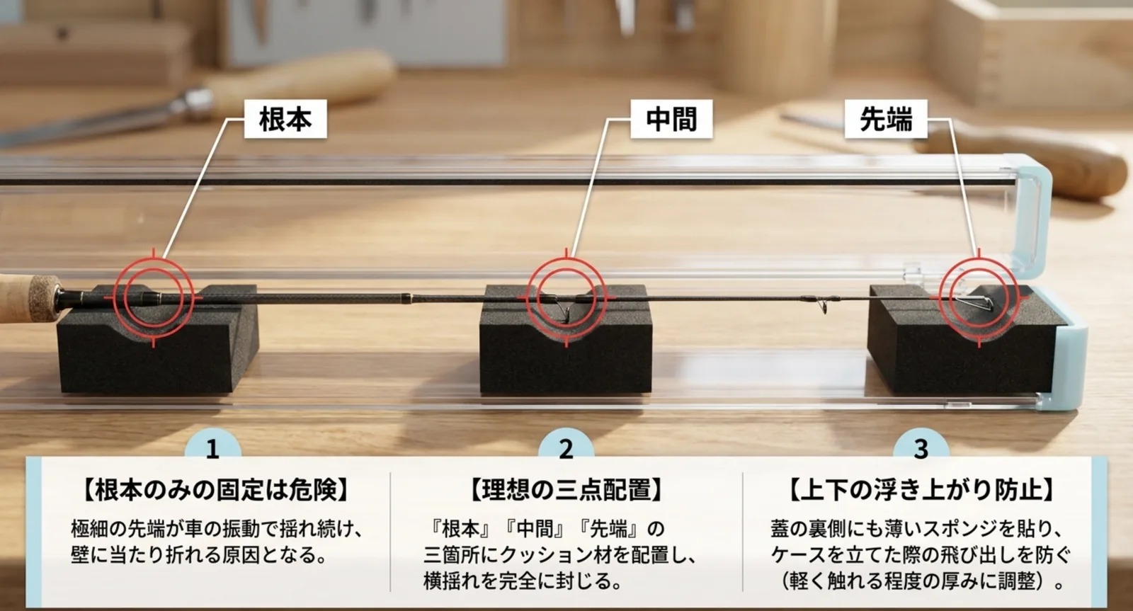 ケース内で穂先を根元と中間と先端の3か所のクッション材で支え、先端の揺れを防ぐ配置図