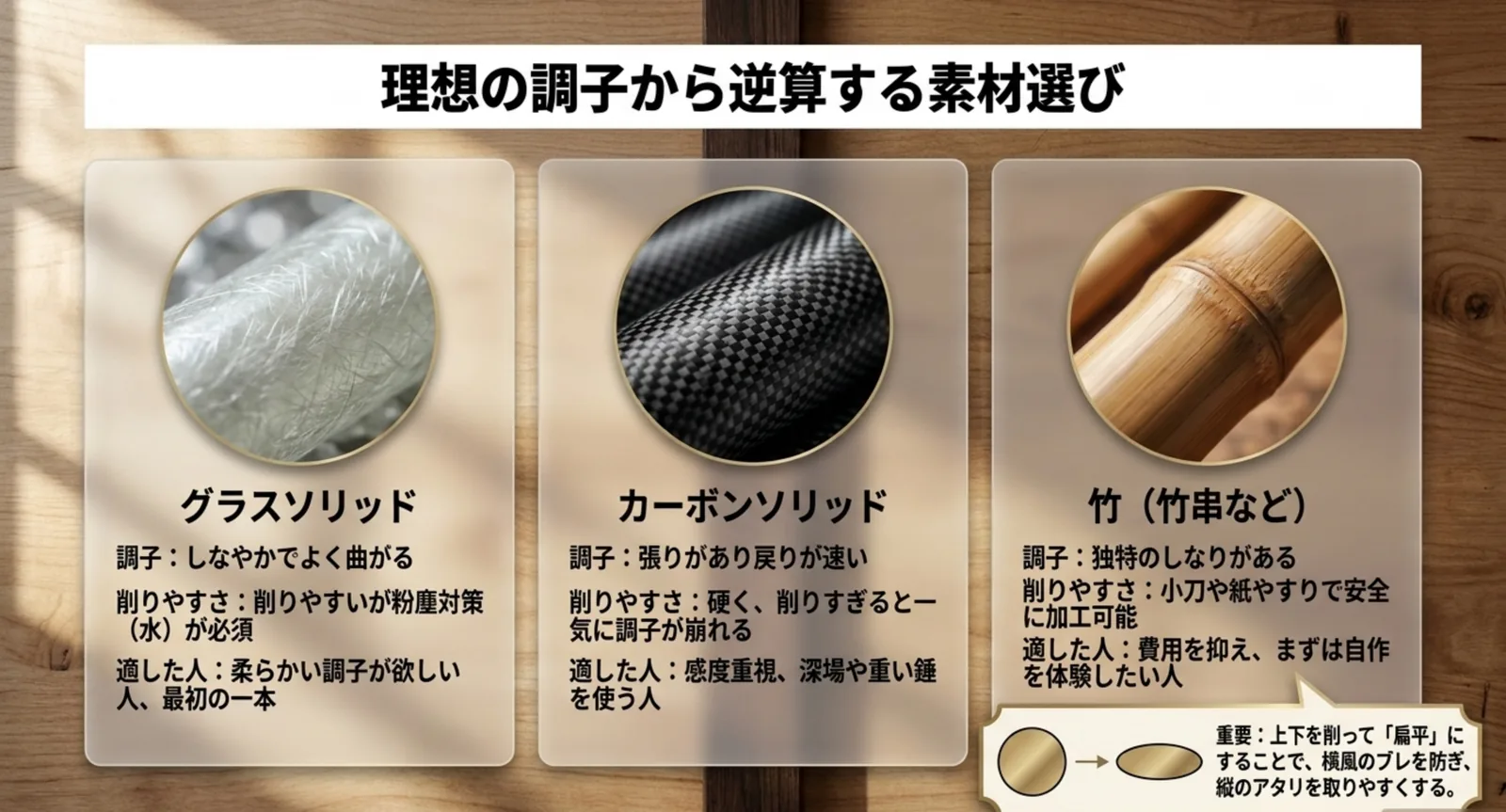 グラスソリッド、カーボンソリッド、竹の3素材を調子・削りやすさ・向いている人で比較した図