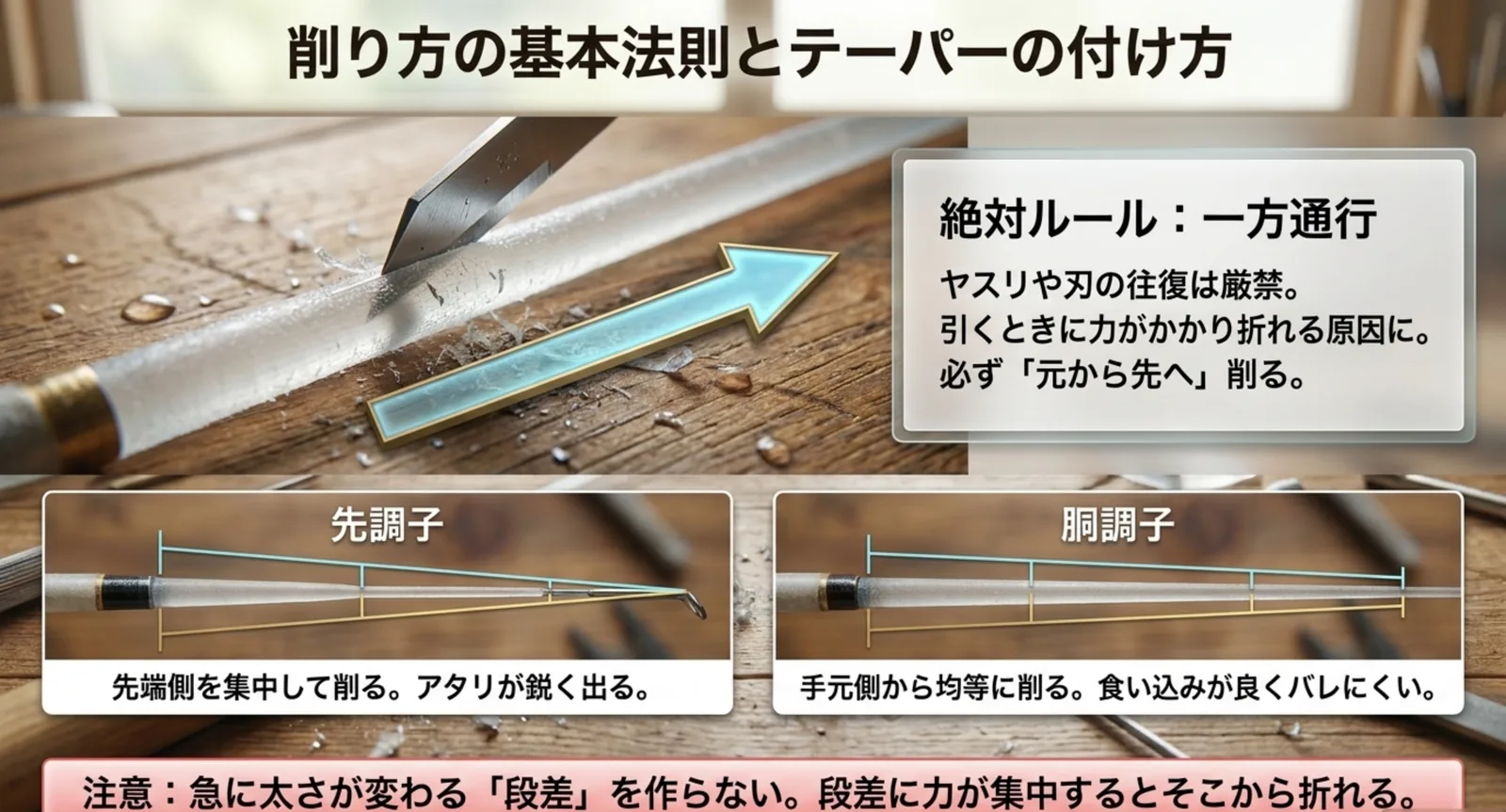 削る方向を元から先への一方通行とする説明と、先調子と胴調子でテーパーの付け方が変わることを示した図