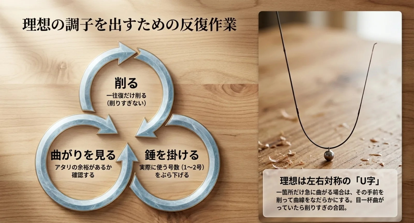 削って錘を掛けて曲がりを見る作業を繰り返す循環図と、左右対称のU字に曲がった穂先の写真