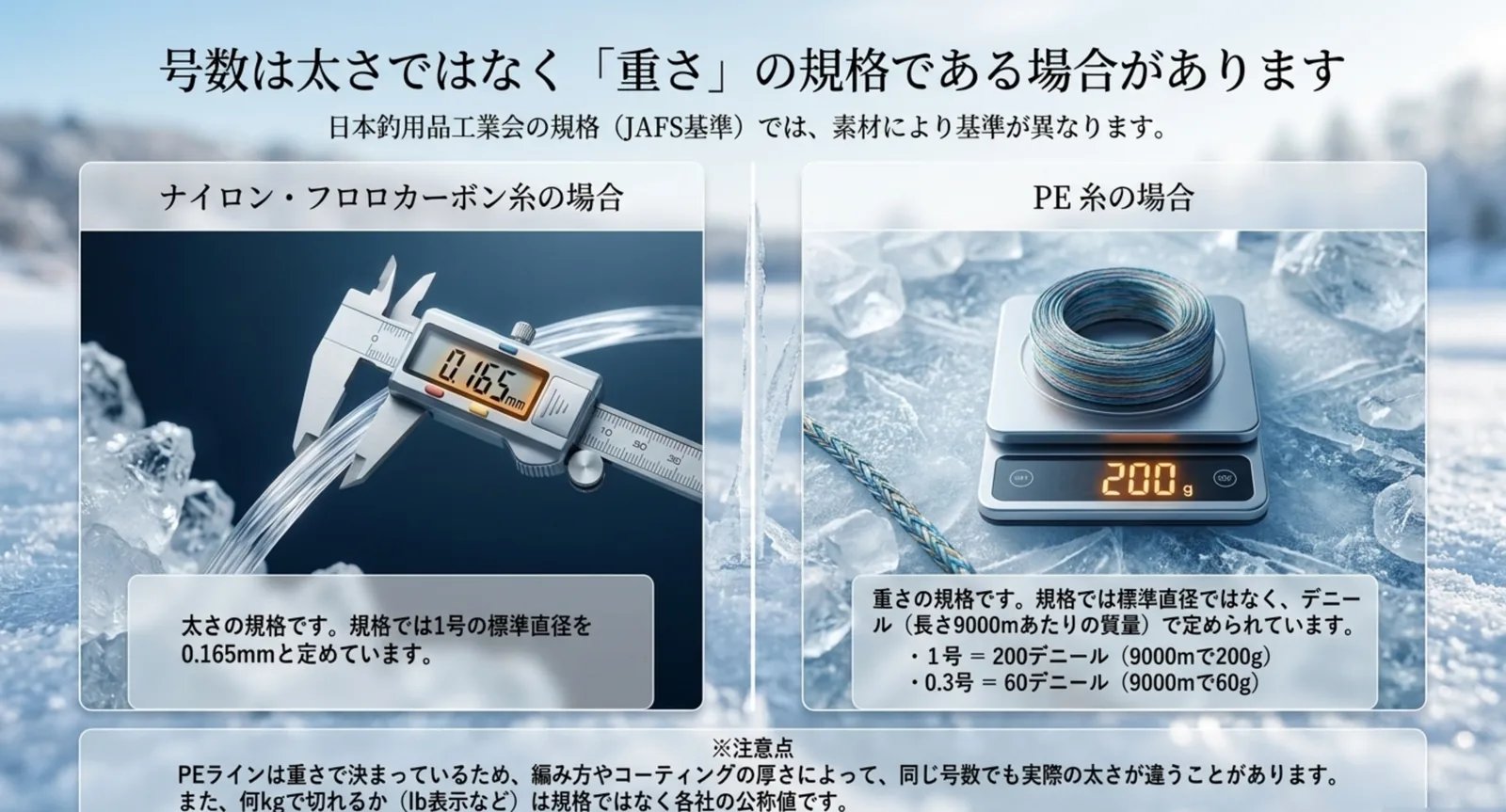 ナイロン糸は直径0.165mmで、PE糸は9000mで200グラムのデニールで1号が定められていることを比べた図