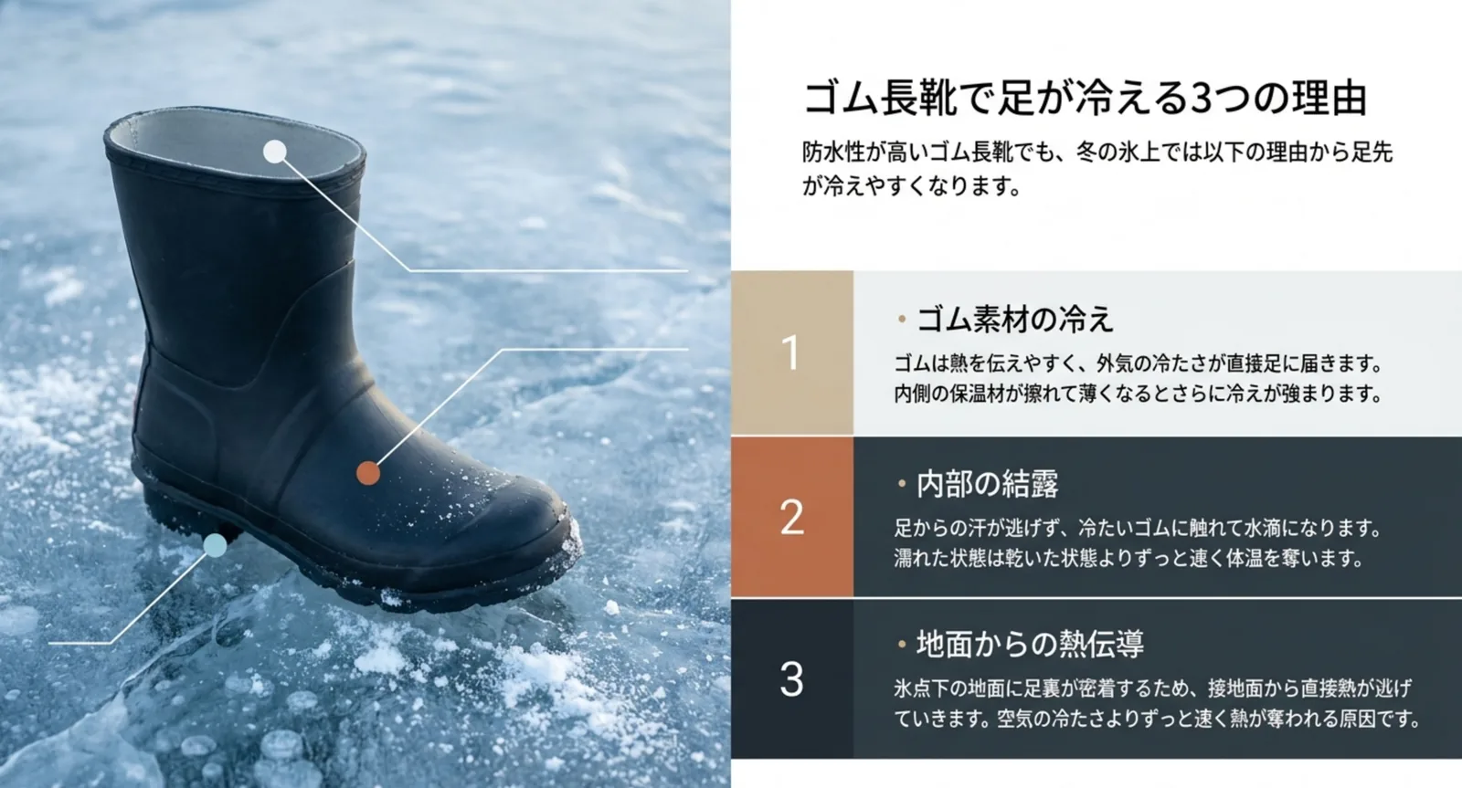 氷の上に立つゴム長靴と、ゴム素材の冷え・内部の結露・地面からの熱伝導という三つの原因を示した図