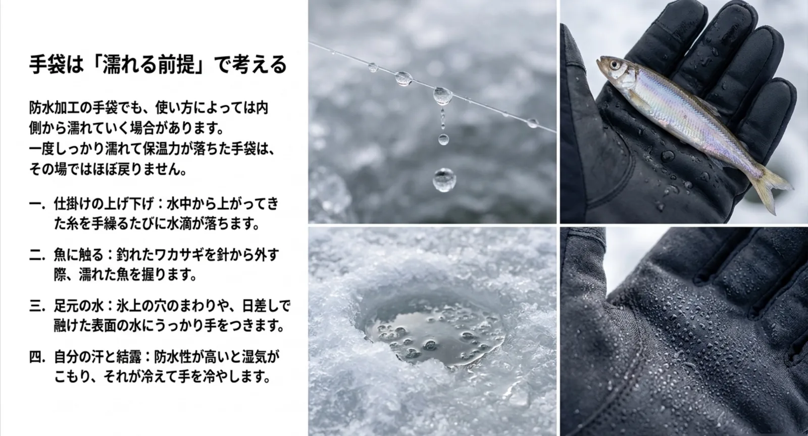 仕掛けの水滴・釣れた魚・氷上の穴のまわりの水・手袋の結露という四つの濡れる場面を並べた図