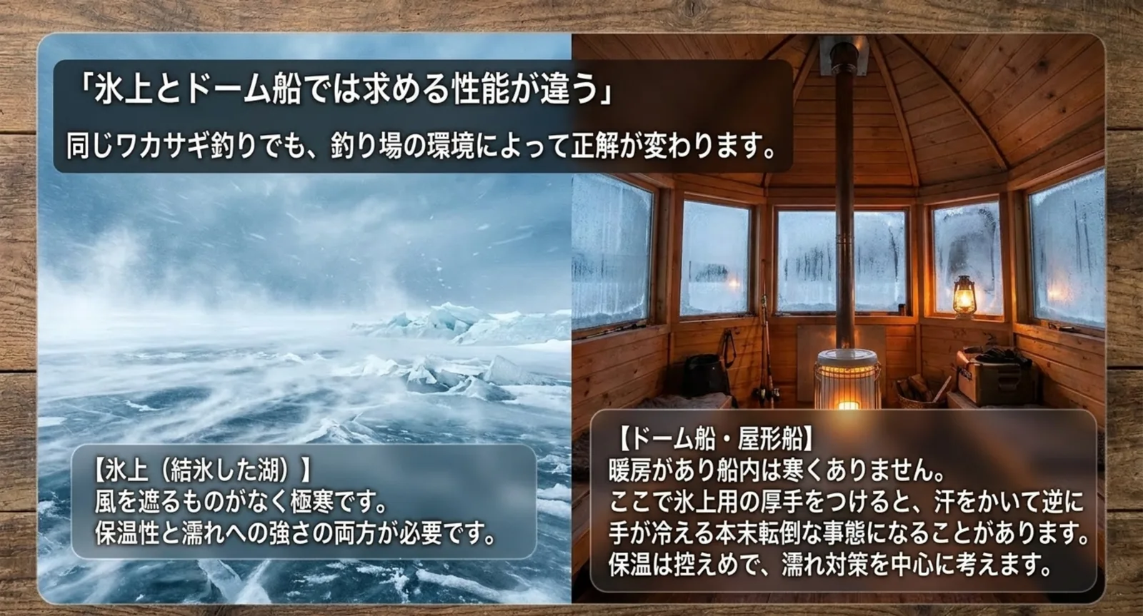 吹雪の氷上と暖房の効いたドーム船内を並べ、それぞれに必要な手袋の性能を比べた図