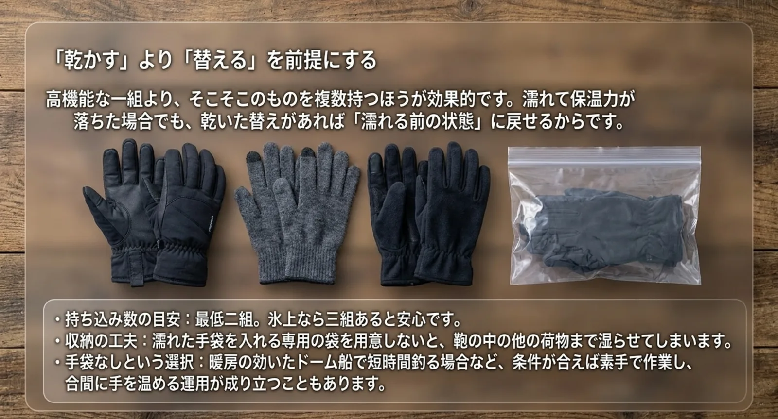 種類の違う手袋を三組並べ、濡れた手袋を入れるジッパー袋を添えた図
