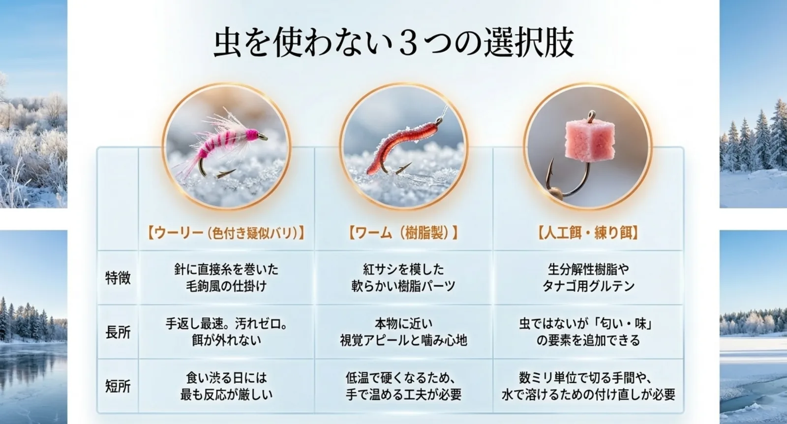ウーリー・ワーム・人工餌と練り餌について、特徴と長所と短所を並べて比較した表