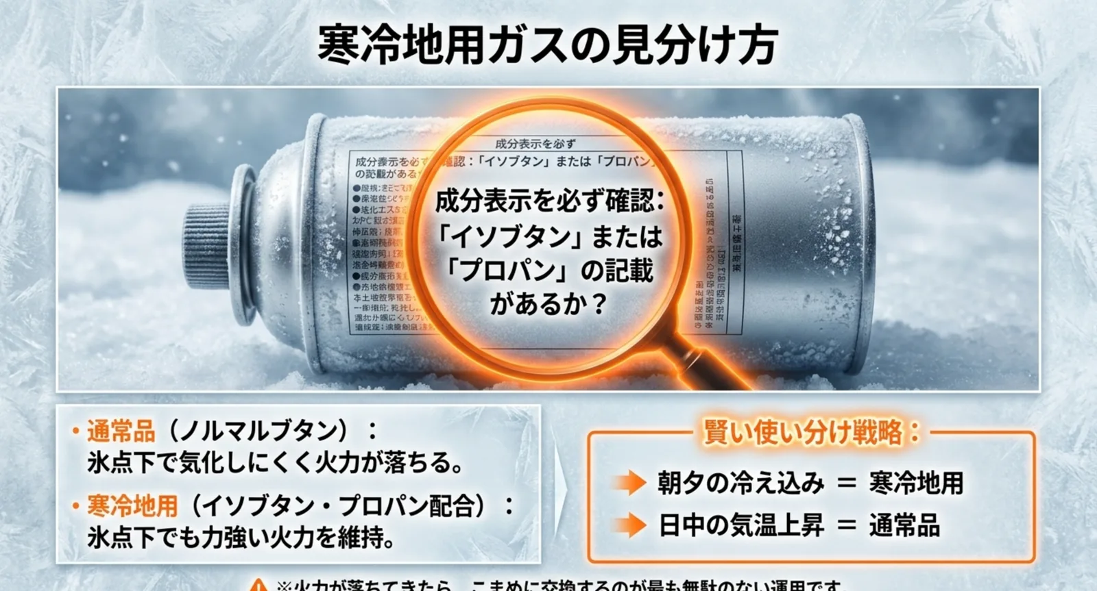 成分表示にイソブタンまたはプロパンの記載があるかで寒冷地用を見分ける方法と、通常品との使い分けを示した図