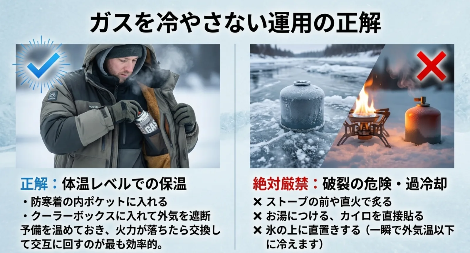 防寒着の内ポケットで体温保温する正しい方法と、直火であぶる・お湯につける・氷上に直置きする危険な例の対比