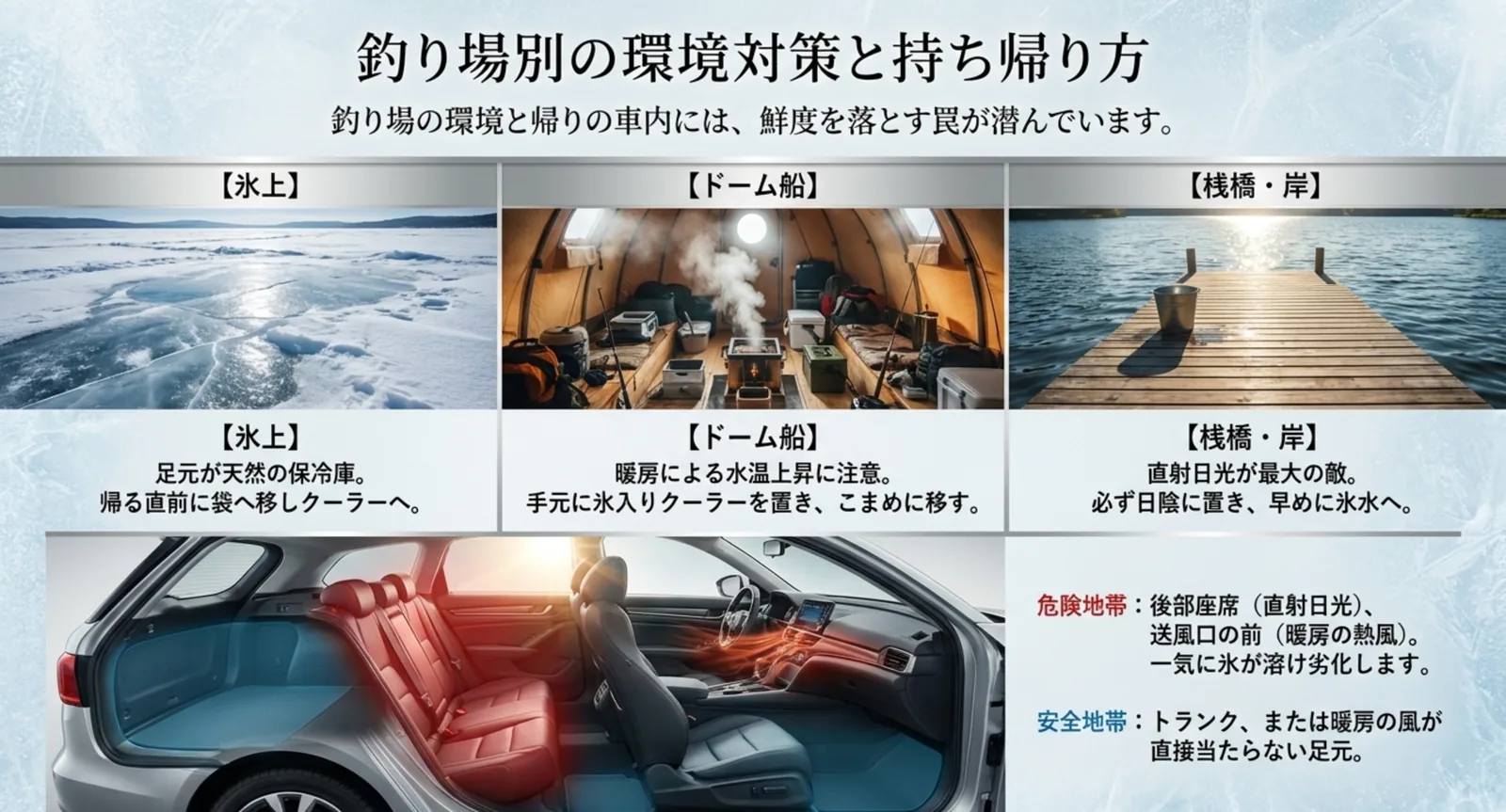 氷上・ドーム船・桟橋それぞれの魚の置き方と、車内で氷が溶けやすい危険な場所と安全な場所を示した図