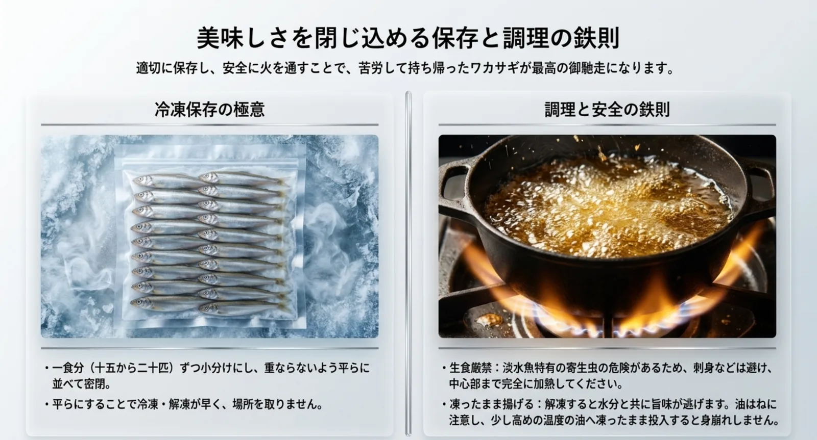 一食分ずつ平らに並べて密閉冷凍する方法と、淡水魚の寄生虫対策として中心部まで加熱し凍ったまま揚げるという注意点を示した図