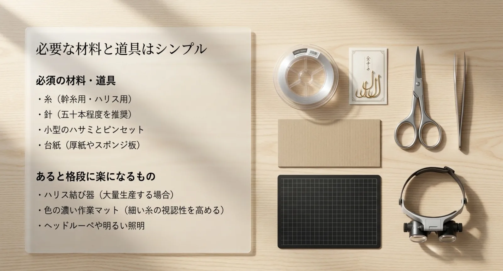 幹糸とハリス用の糸、針、ハサミ、ピンセット、台紙という必須の材料と、ハリス結び器や作業マット、ヘッドルーペなど作業が楽になる道具の一覧