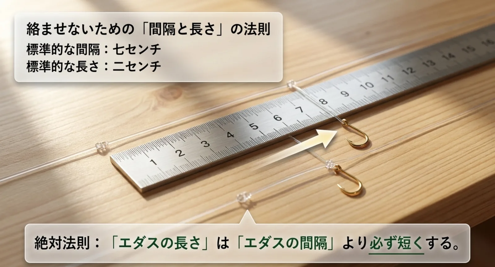 標準的な間隔7cmと長さ2cmを定規で示し、エダスの長さは必ず間隔より短くするという原則を説明した図
