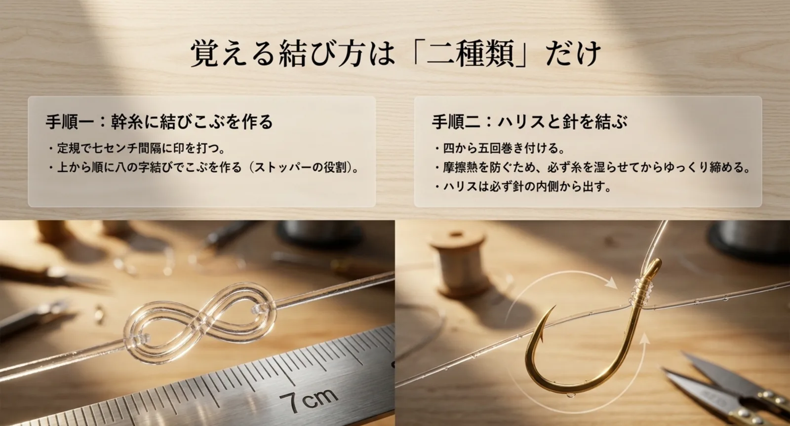 幹糸に8の字結びで結びこぶを作る手順と、ハリスを針に4〜5回巻いて湿らせてから締める外掛け結びの手順を並べた図