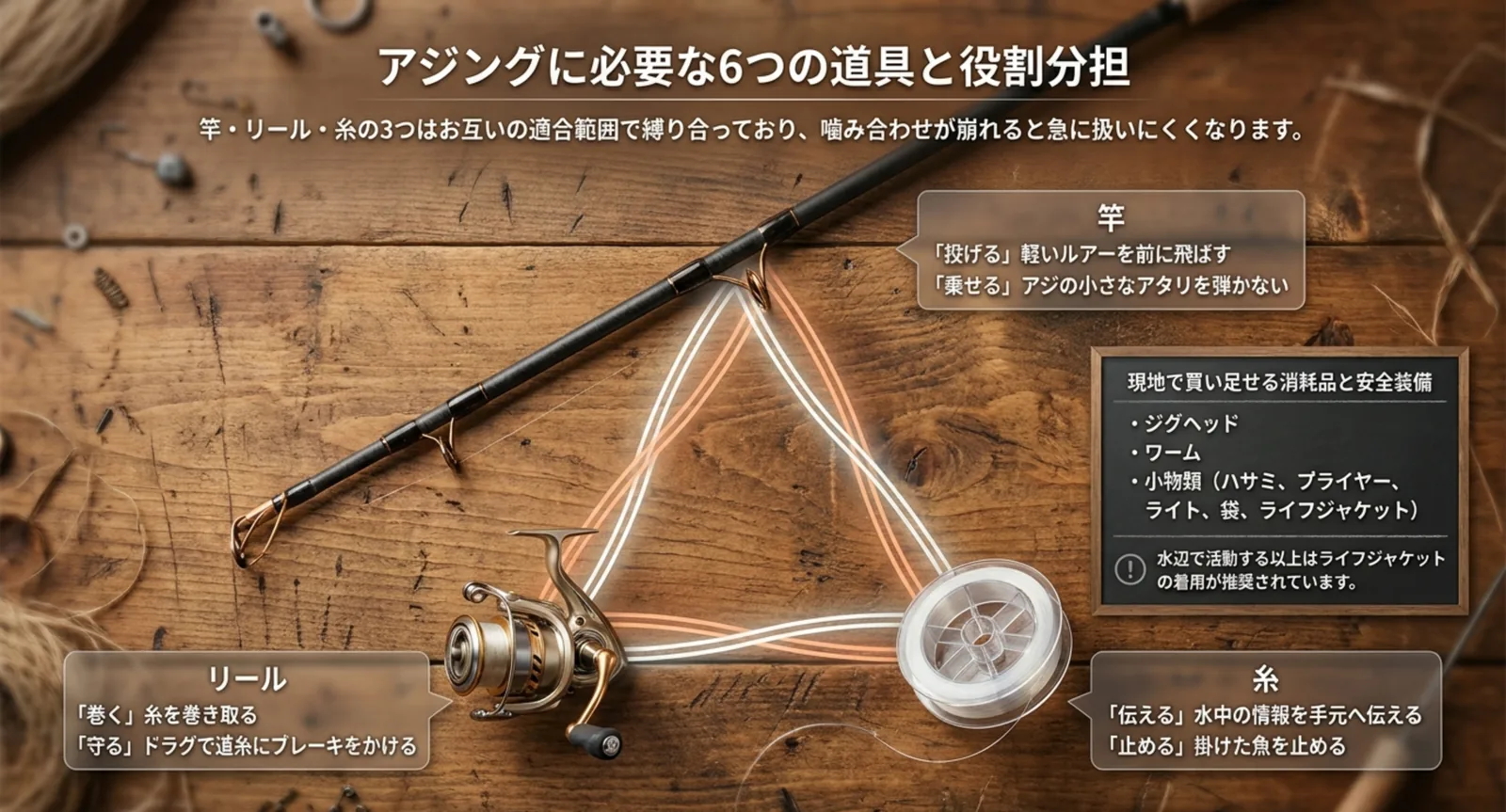 竿とリールと糸の役割分担に加えて消耗品と安全装備を示したスライド