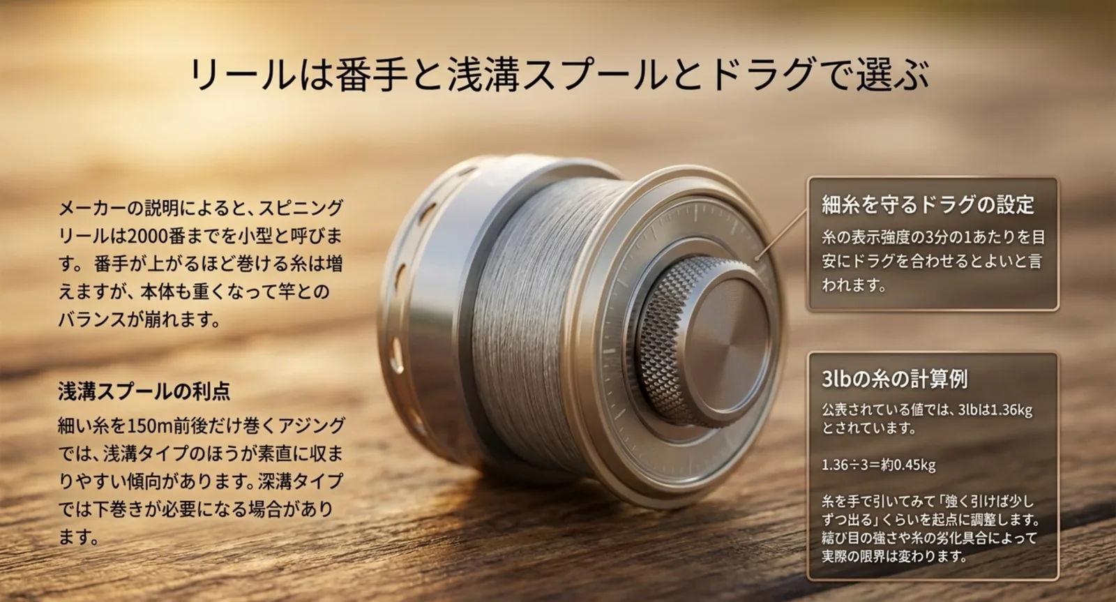 番手の目安と浅溝スプールの利点そしてドラグ設定の考え方をまとめたスライド