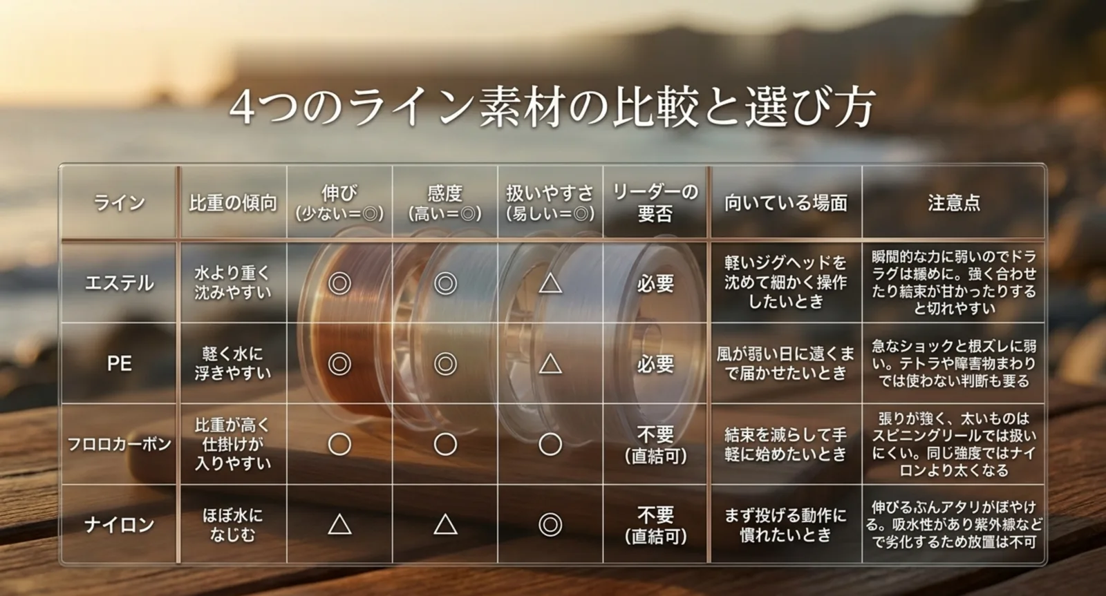 ライン素材を比重や感度など7項目で比べた表のスライド