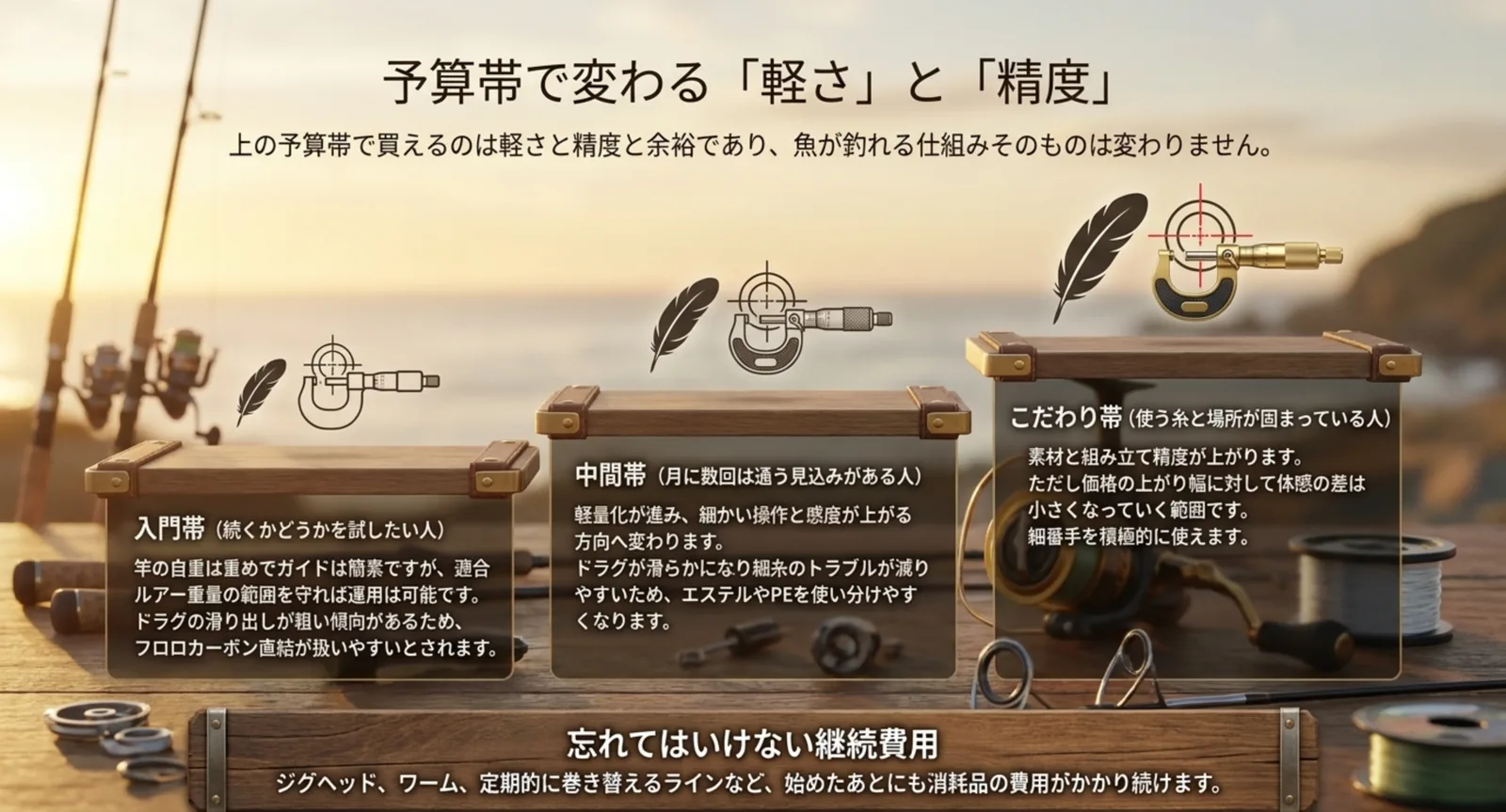 入門帯から こだわり帯まで予算で変わる点と継続してかかる費用を示したスライド