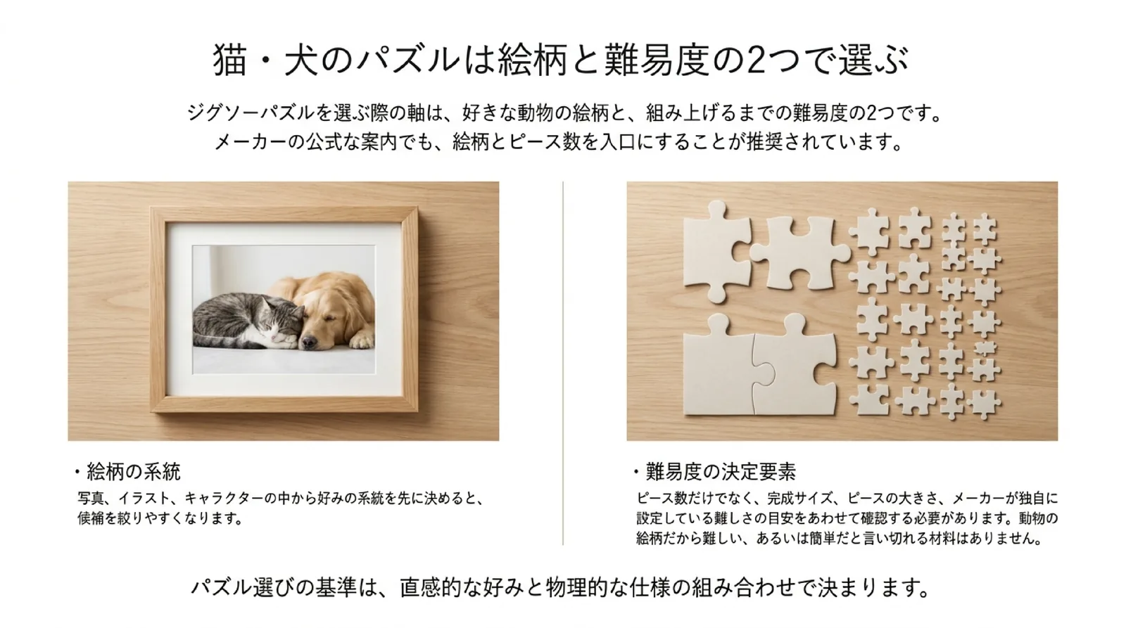 猫・犬の動物パズルの選び方｜絵柄と難易度・完成サイズとギフトで確かめること