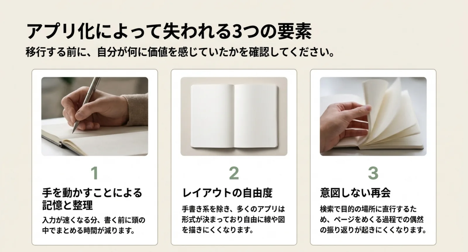 手を動かすことによる記憶と整理、レイアウトの自由度、意図しない再会という、アプリに移すと失われやすい3つの要素を写真つきで並べたスライド