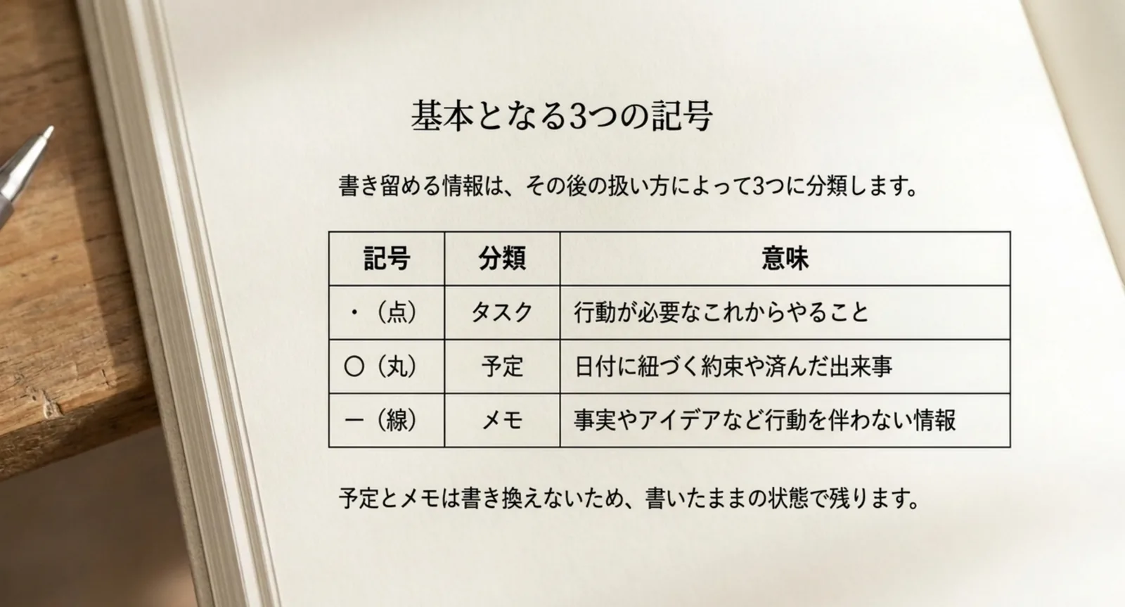 3つの記号と分類・意味を並べた一覧表のスライド