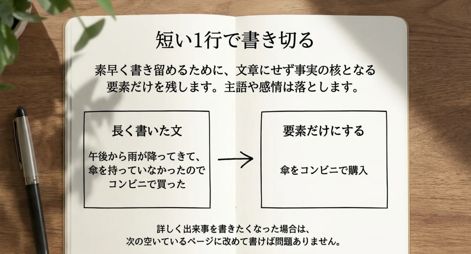 長く書いた文を要素だけの1行に言い換える例を示したスライド